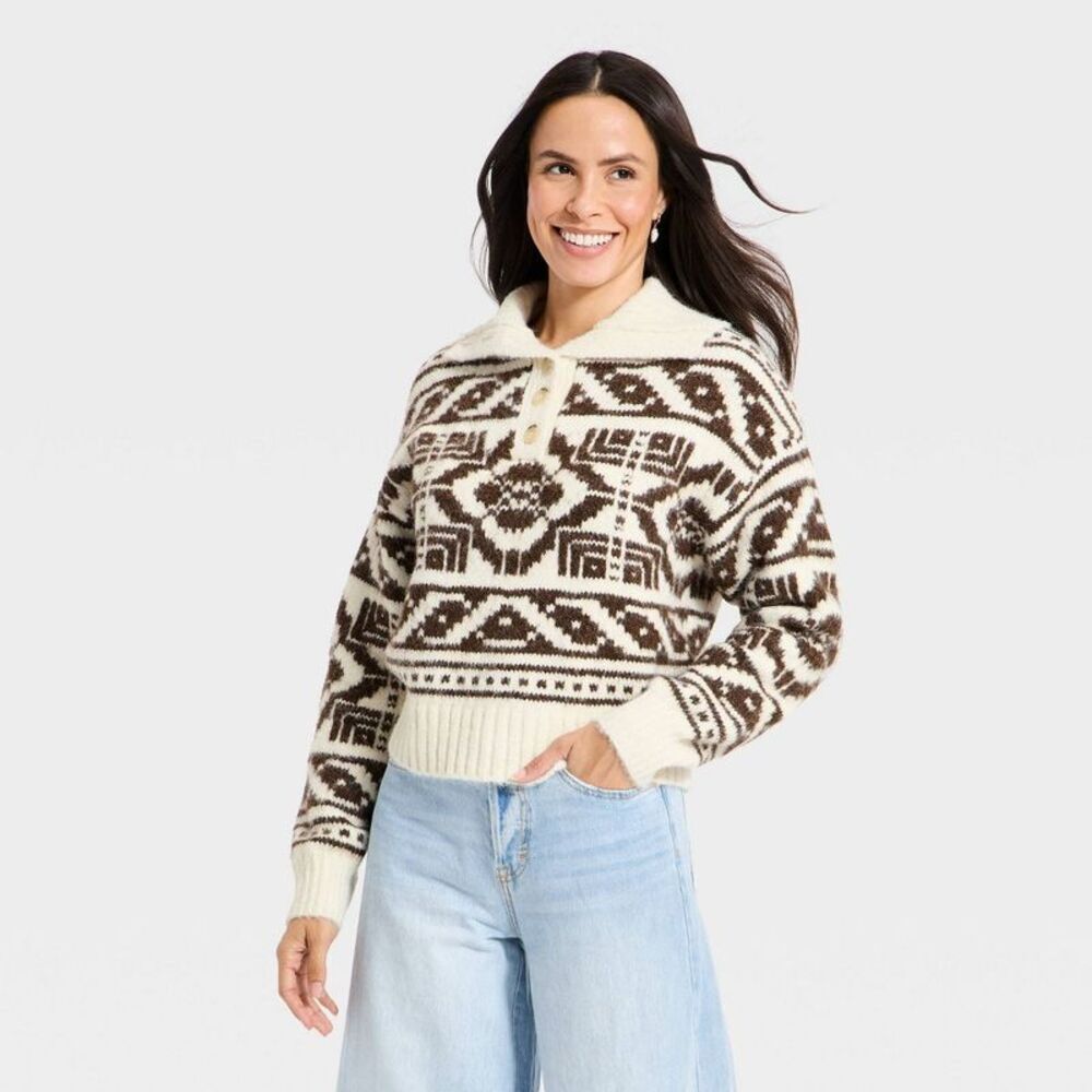 Women's Fairisle Henley Shawl Sweater - Universal Thread Brown XL